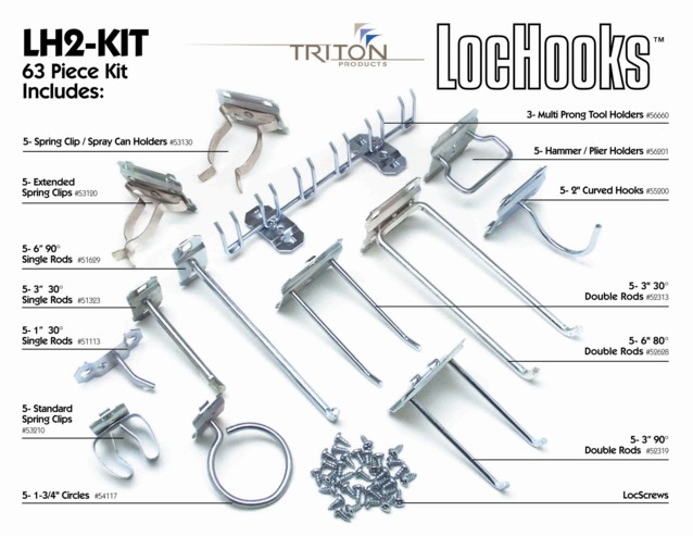Triton Products LH2-Kit LocHook 63 Piece Zinc Plated Steel Hook Assortment for LocBoard